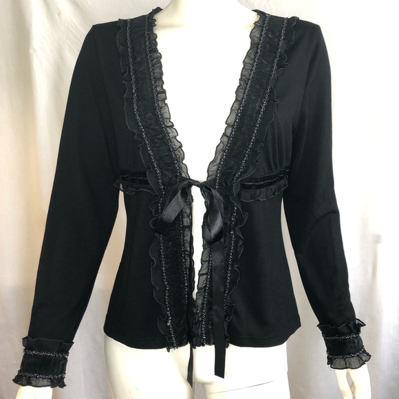 Sweaters - Woman’s black beaded ruffle detail tie front cardigan size small